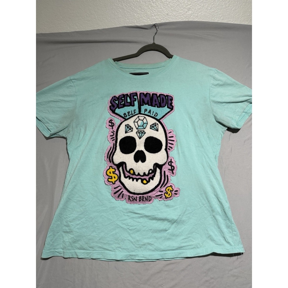reason brand light blue tee 'self made' skull design, men's xl t-shirt